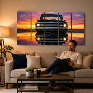 A man sits on a beige sofa in a living room, reading a book. On the wall above the couch is a four-panel canvas print showing a black vintage 1970 Chevy C10 pickup truck reflected in water at sunset.