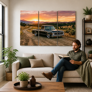 A man sits on a beige sofa in a modern living room, reading a book. The wall above the couch features a three-panel canvas wall art print depicting a black vintage 1970 Chevy C10 Fleetside pickup truck parked on a dirt road at sunset.