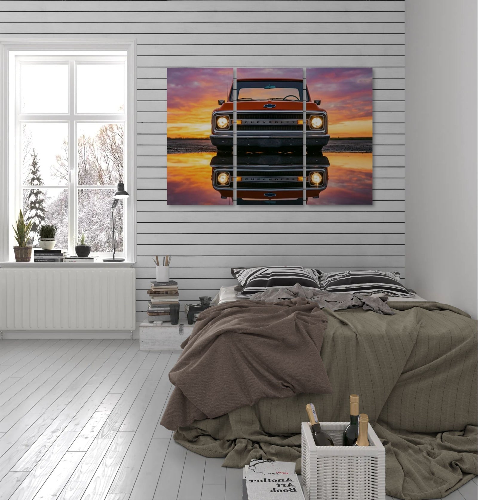 Bedroom with a large wall art of a 1970 Chevrolet C10 truck at sunset over water.