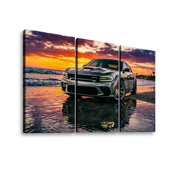 Dodge SRT Hellcat Charger Canvas Wall Art – Beach Sunset Scene | 5-Panel Level Garage Décor Print