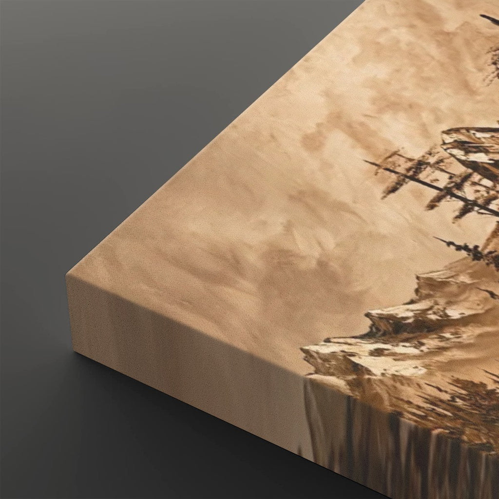 A close-up of a canvas wall art print showing a textured beige and brown landscape design with dark tree branches, photographed at an angle against a dark gray background.