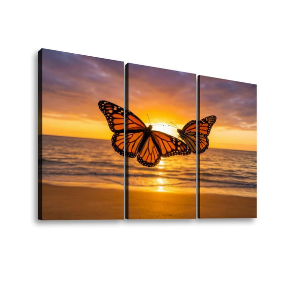 Three-panel canvas wall art showing a sunset over water with two orange-and-black monarch butterflies silhouetted against the sky.