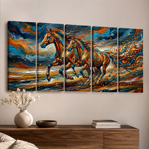 A five-panel canvas wall art set depicting two galloping horses in a dramatic, swirling sky, displayed on a beige wall above a wooden console table with a vase and books.