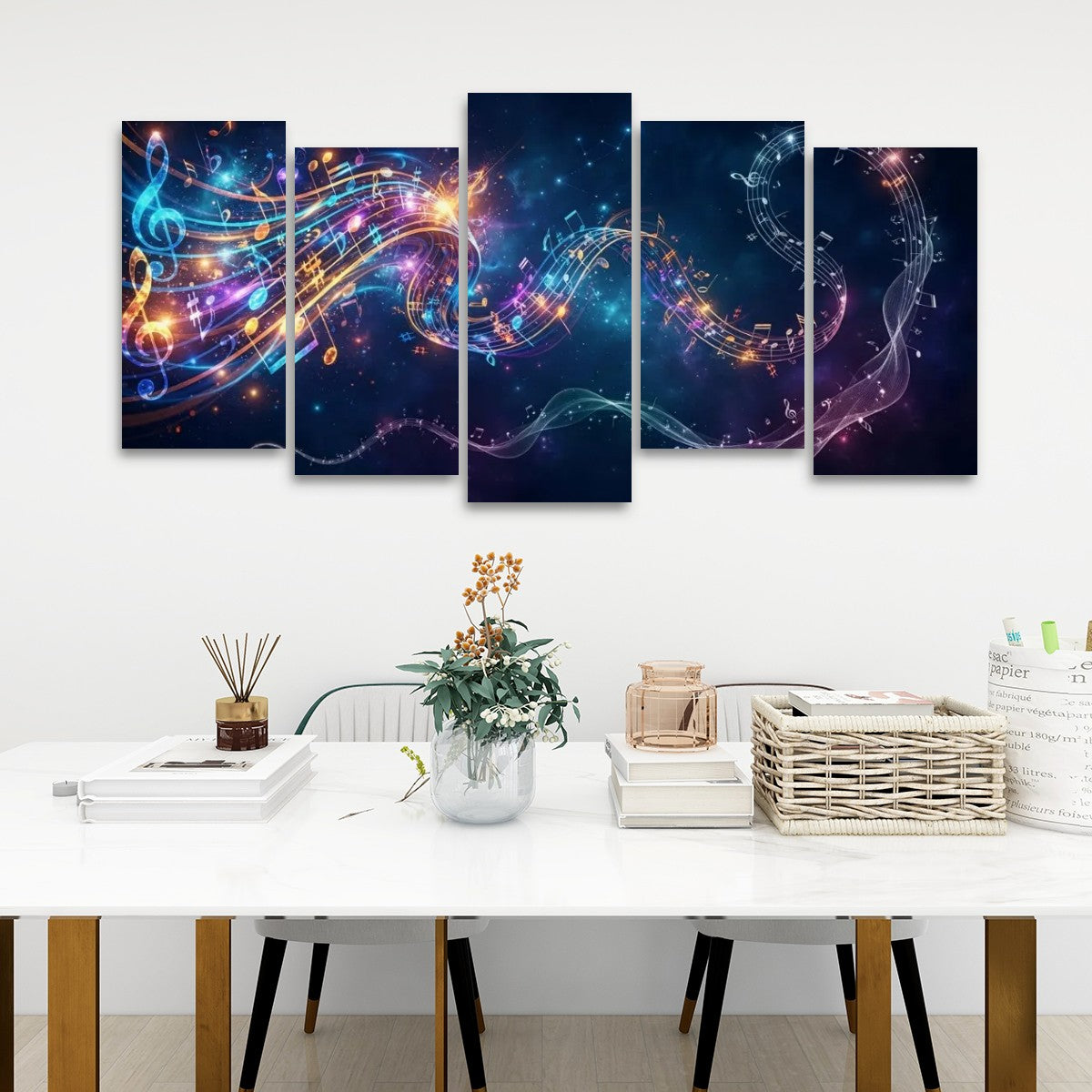Abstract Musical Notes Ribbon — Multi-Color 1, 3, 5-Panel Split Canvas Wall Art