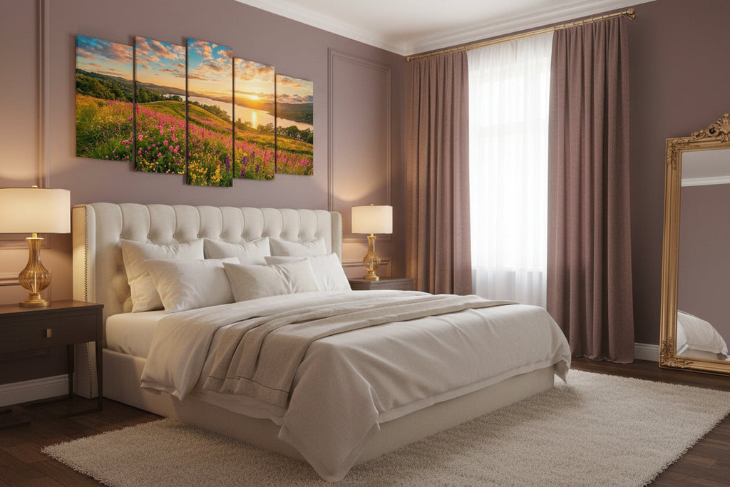 A five-panel canvas wall art set depicting a vibrant meadow of pink and yellow wildflowers at sunset with a lake in the background.