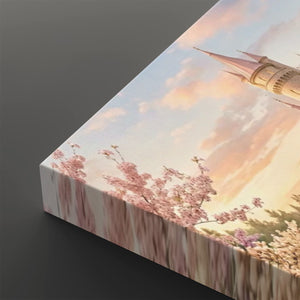 A rectangular canvas print showing a pastel sunset sky with pink cherry blossoms and part of a castle spire, photographed at an angle on a dark gray background.
