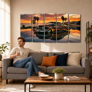 1951 Mercury Sled Canvas Wall Art – Slammed Black Flames Sunset Reflection | 5-Panel Classic Car Print