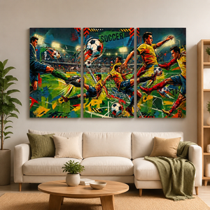 A three-panel canvas wall art set depicting a vibrant, colorful soccer match scene, displayed above a modern white sectional sofa in a styled living room.