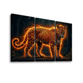 Three-panel canvas wall art showing a glowing leopard in a dark jungle scene, photographed against a plain white background.