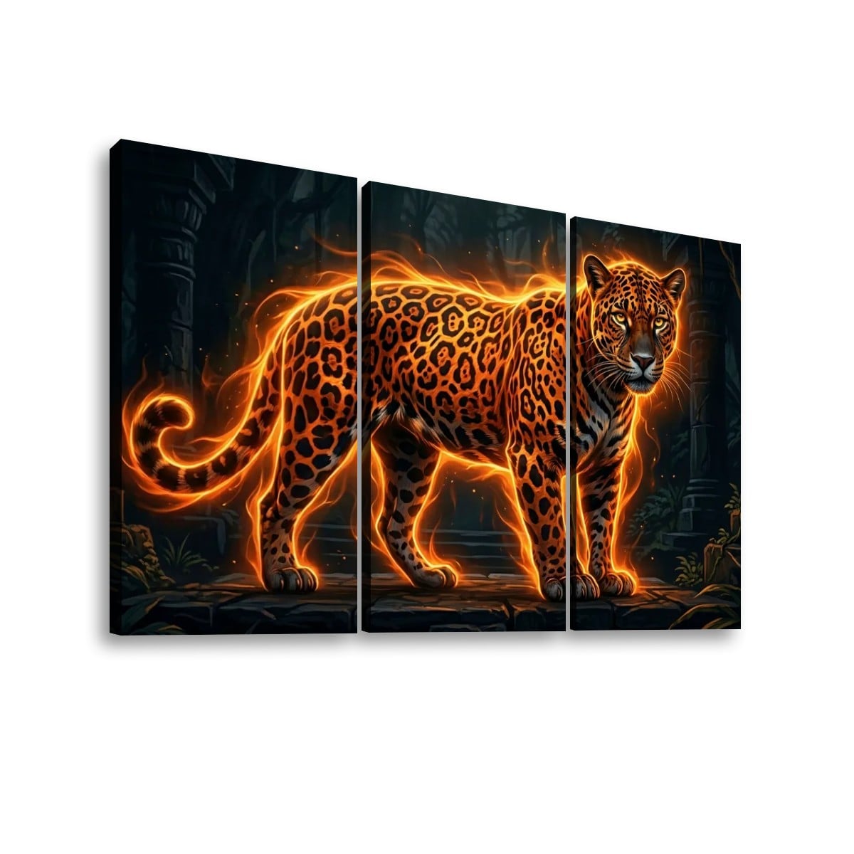 Three-panel canvas wall art showing a glowing leopard in a dark jungle scene, photographed against a plain white background.