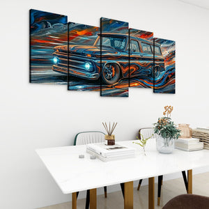 A 5-panel canvas wall art set depicting a stylized, colorful 1966 Chevy Suburban Carryall  in motion, displayed on a white wall above a modern dining table with books and a vase.