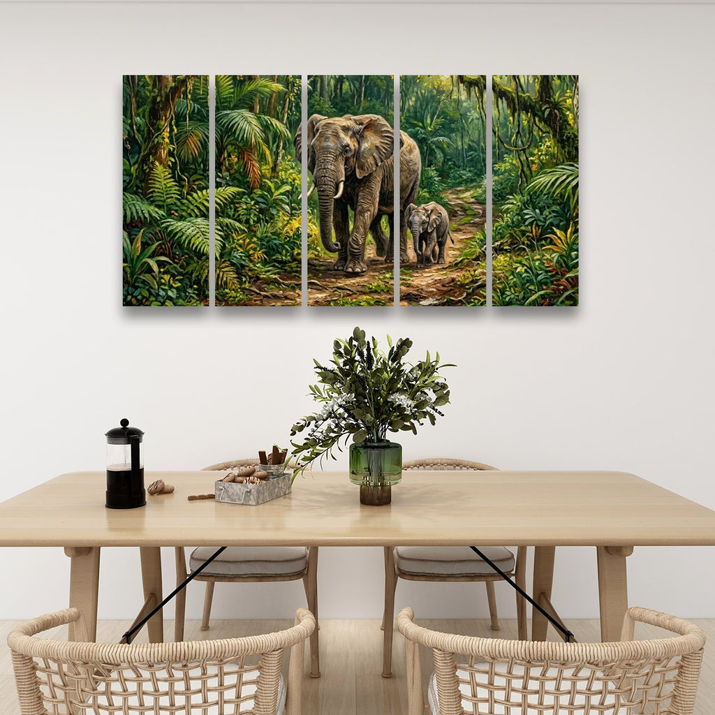 A five-panel canvas wall art set depicting a large elephant and a baby elephant walking through a lush green jungle, displayed on a white wall above a wooden dining table with chairs.