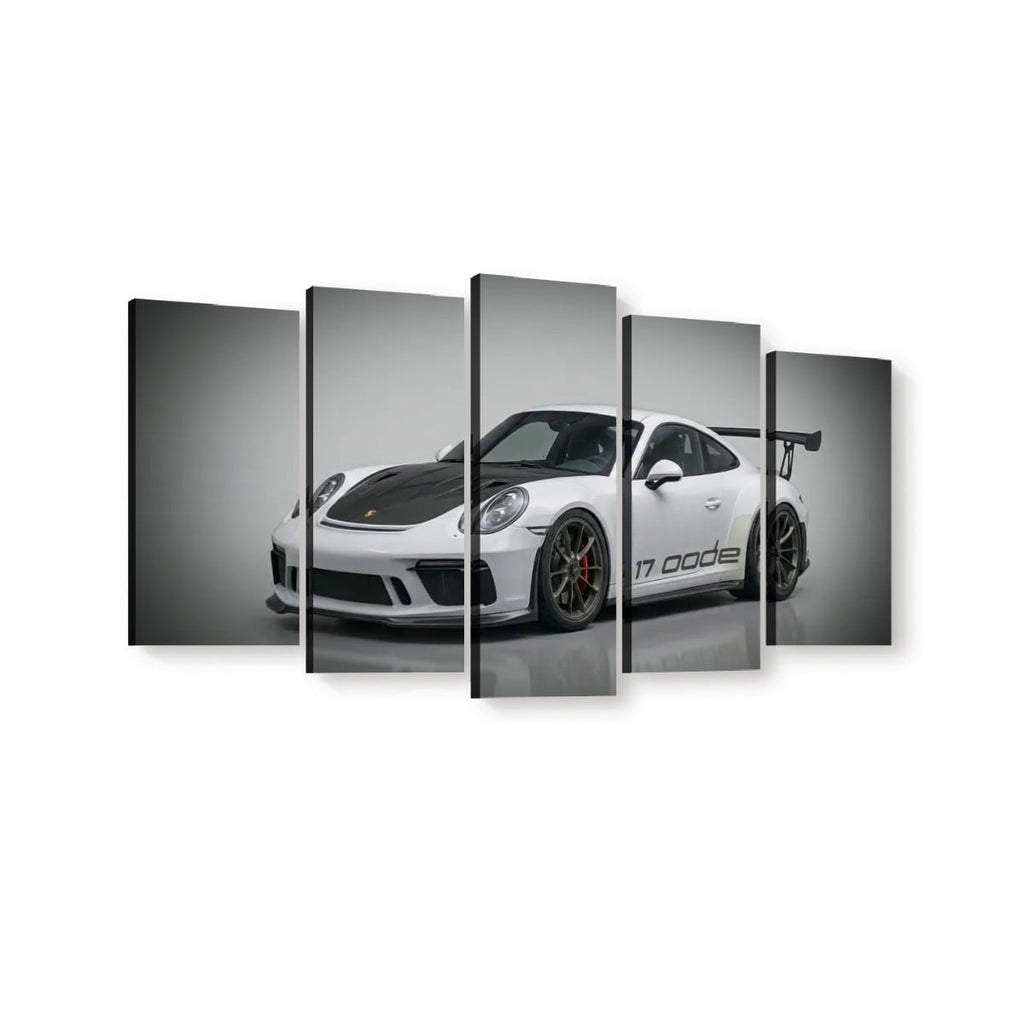 A five-panel canvas wall art set depicting a white Porsche 911 GT3 with a black hood and a large rear wing, shown against a dark gray gradient studio background.