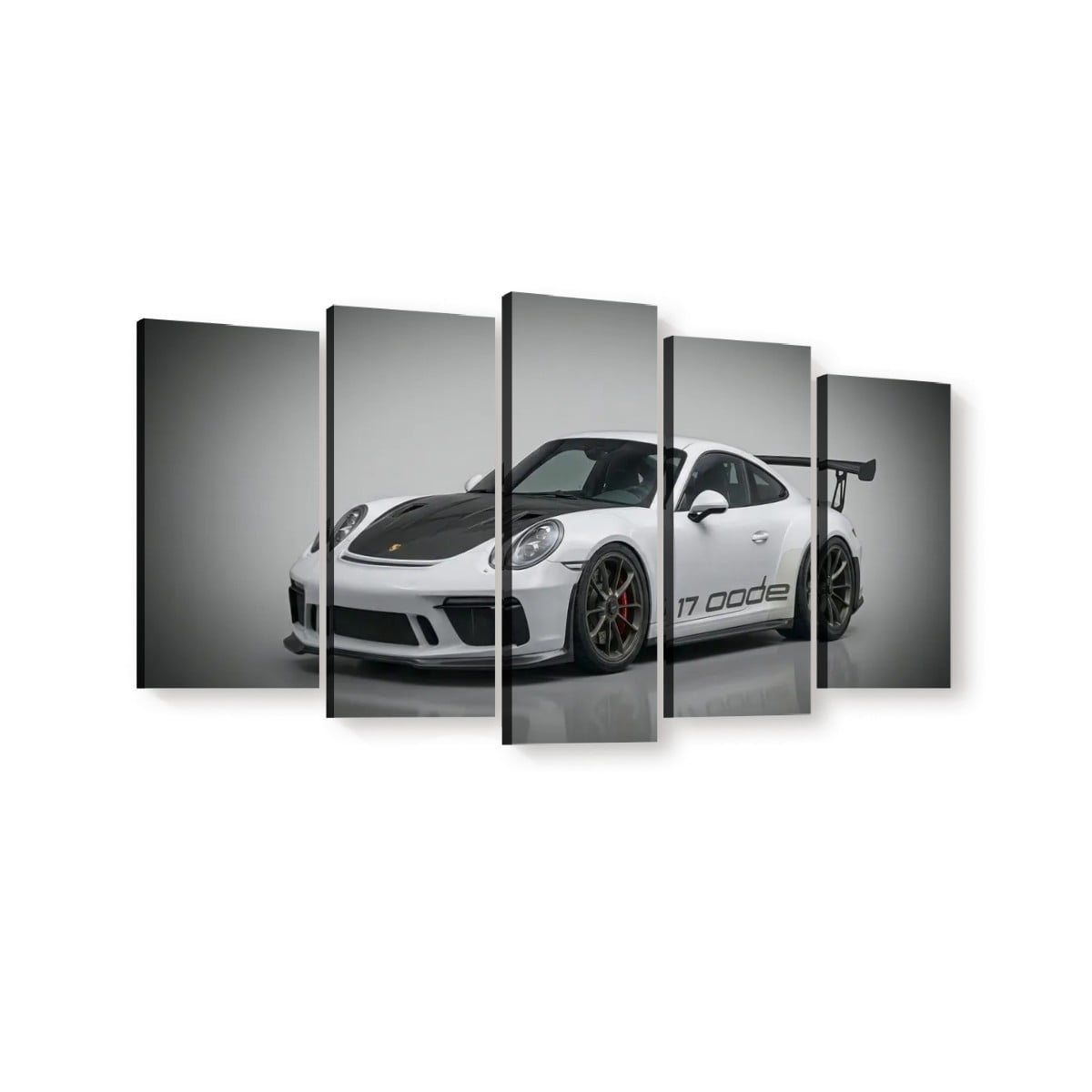 A five-panel canvas wall art set depicting a white Porsche 911 GT3 with a black hood and a large rear wing, shown against a dark gray gradient studio background.