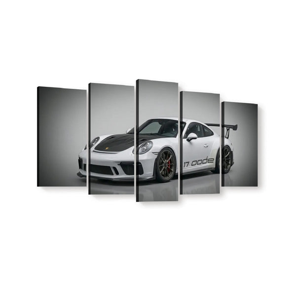 A five-panel canvas wall art set depicting a white Porsche 911 GT3 with a black hood and a large rear wing, shown against a dark gray gradient studio background.