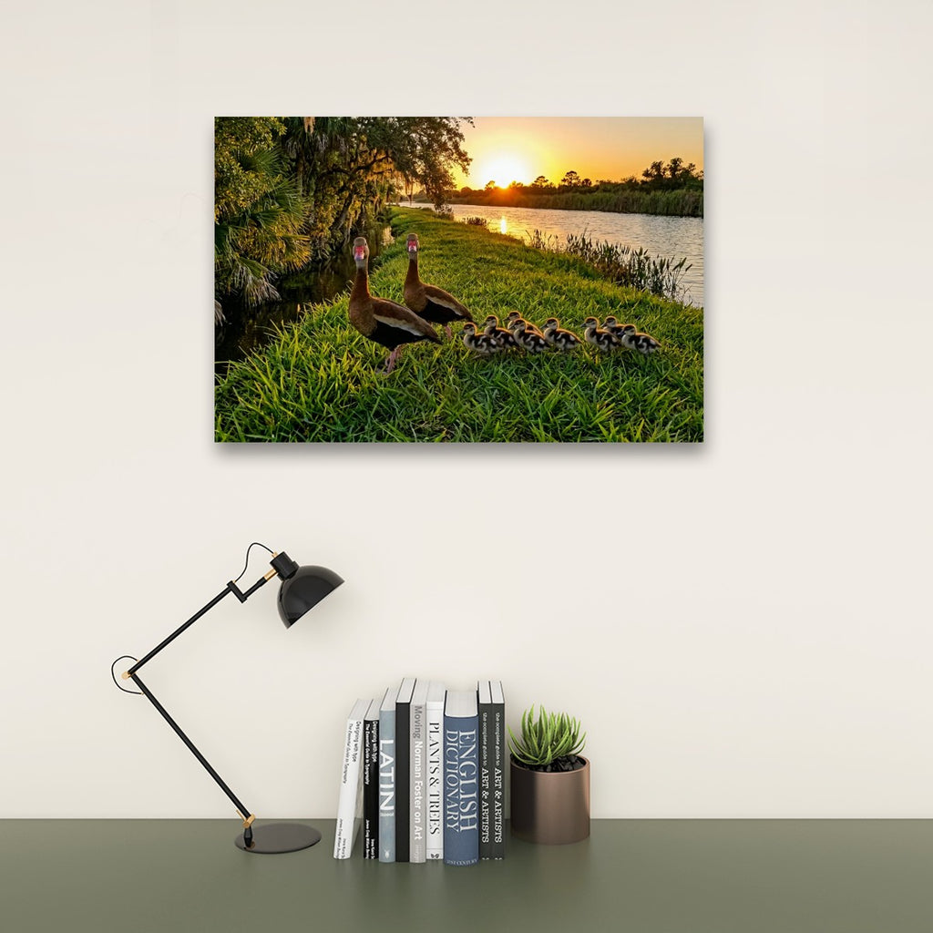 A rectangular wall art print showing two ducks and ducklings by a lake at sunset, displayed above a desk with a black lamp, books, and a small succulent against an off-white wall.