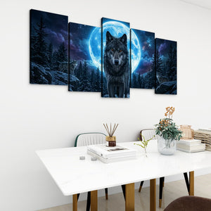 Howling Wolves with Blue Moon — 5-Panel Canvas Wall Art