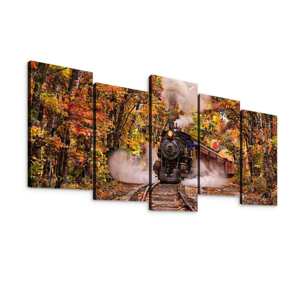 Five-panel canvas wall art showing a steam locomotive traveling through an autumn forest with colorful fall foliage. The artwork is presented as a multi-panel gallery wrap on a plain white background.