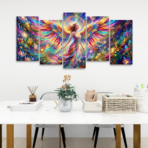 A five-panel canvas wall art set depicting a colorful fantasy angel with glowing multicolored wings, displayed above a white dining table in a styled room setting.