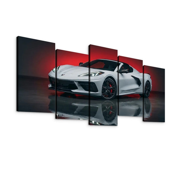 A 5-panel canvas wall art set depicting a white sports car on a dark reflective studio floor with red lighting, shown against a plain white background.