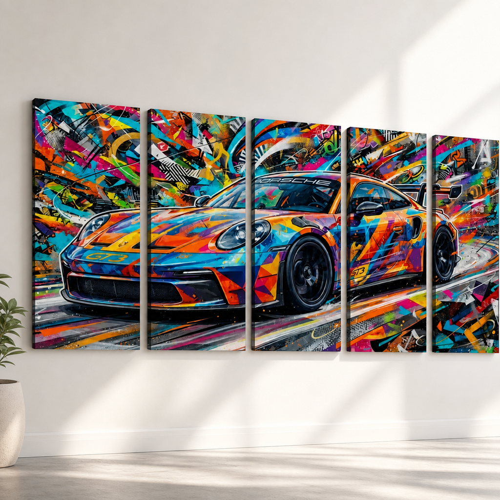 A five-panel canvas wall art set depicting a colorful, graffiti-style 911 GT3 sports car, shown hanging on a white wall in a modern room setting.