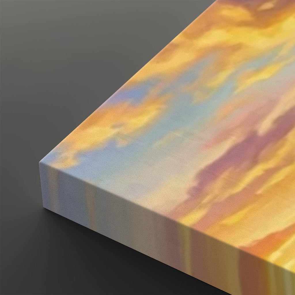 A close-up of a canvas print showing its wrapped edge, featuring an abstract watercolor-style design with flowing bands of yellow, orange, purple, and light blue on a dark gray background.