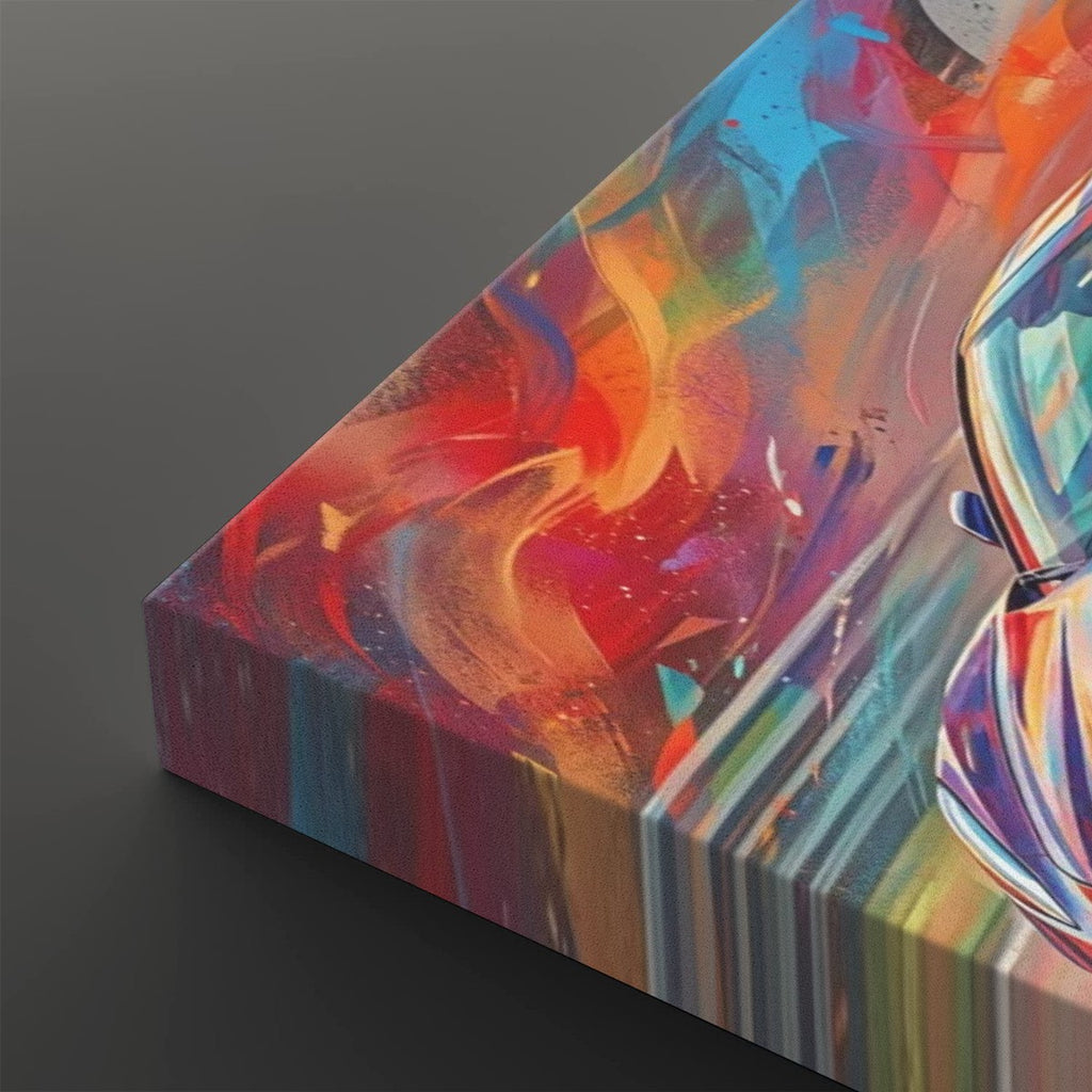 A close-up of a colorful abstract canvas print showing swirling red, orange, blue, purple, and green paint with a glossy finish, photographed on a dark gray background.