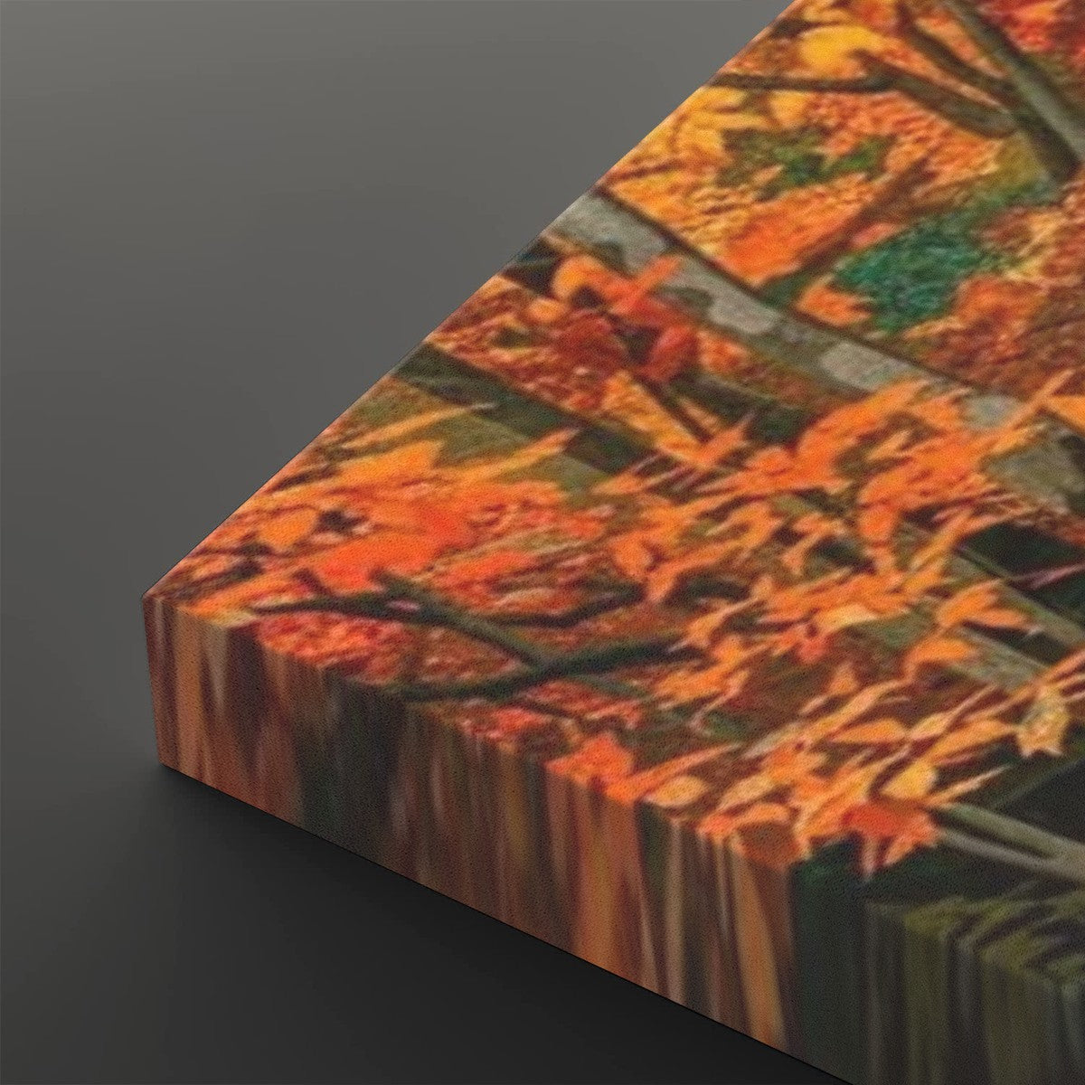 A close-up of a rectangular canvas or print showing an autumn tree scene with bright orange and yellow leaves, green foliage, and dark branches, photographed against a dark gray background.