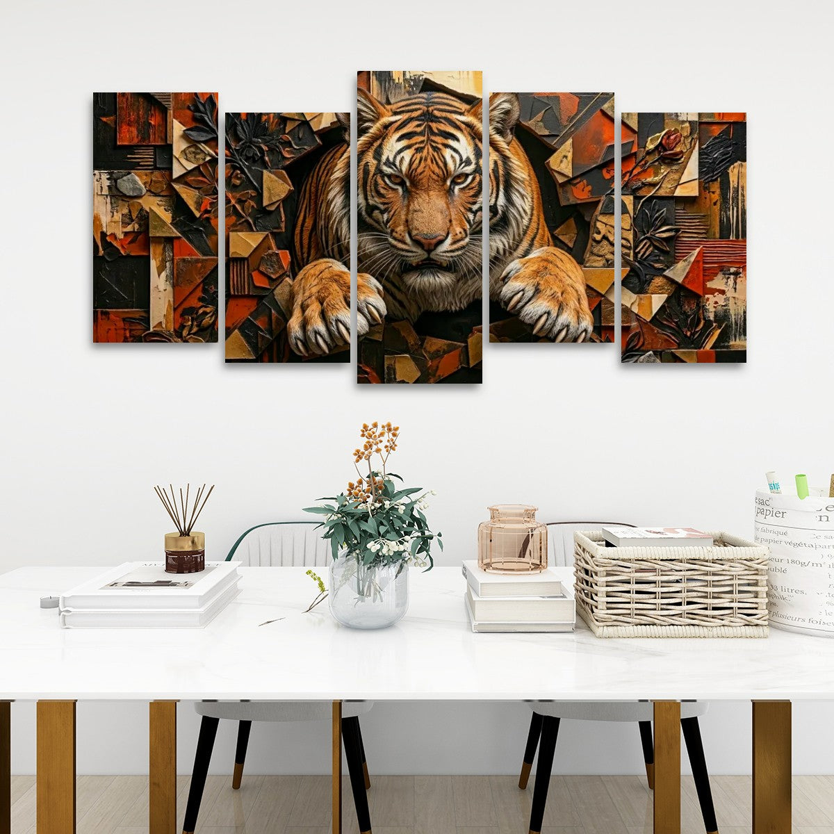A five-panel canvas wall art set depicting a stylized cubist tiger, displayed in a modern living room setting above a white table with decorative items.