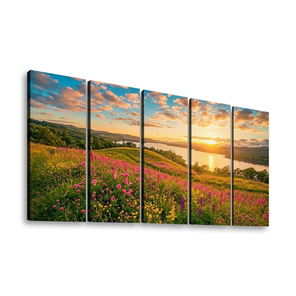 A five-panel split canvas wall art set depicting a vibrant wildflower meadow on rolling hills with a lake and sunset clouds, shown against a plain white background.