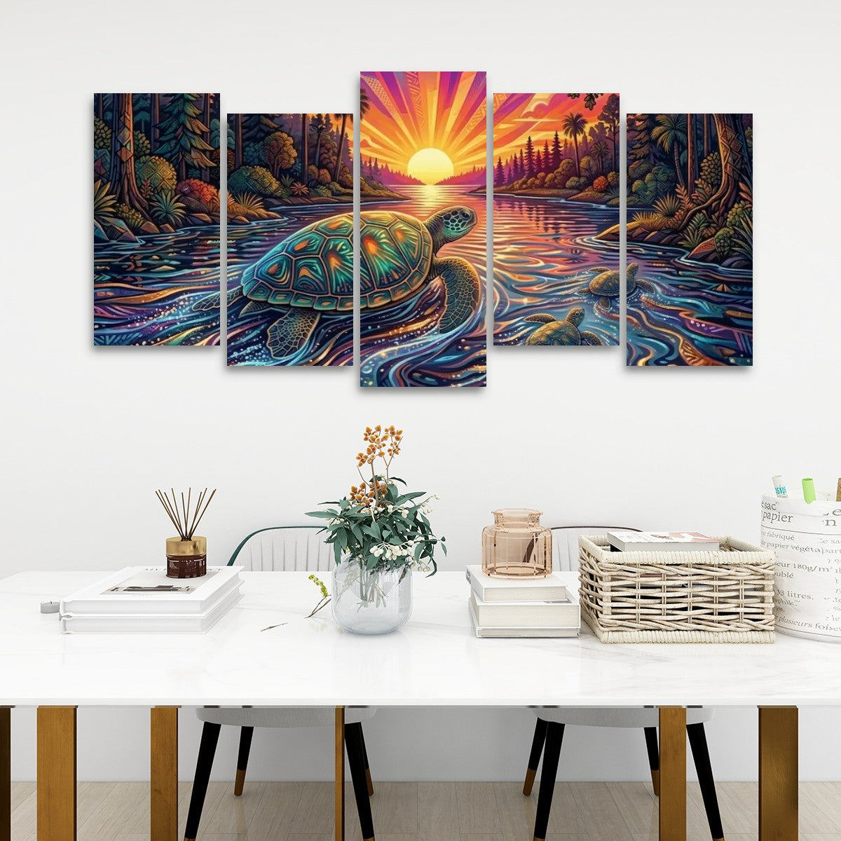A 5-panel canvas wall art set depicting a colorful, vibrant sea turtle swimming in a sunset over water, displayed on a white wall above a styled dining table with chairs, books, and a vase.