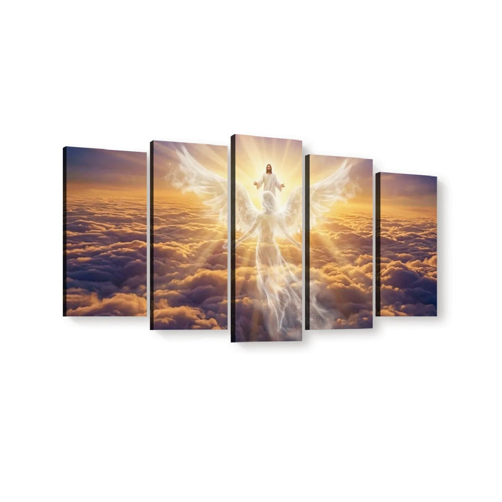 A five-panel canvas wall art set showing a glowing angel figure above a sea of clouds at sunset, with warm golden light and deep purple-blue cloud shadows.