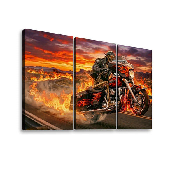 Dead Man's Ride Canvas Wall Art – Skeleton Bagger Wheelie | 5-Panel Level Motorcycle Man Cave Print