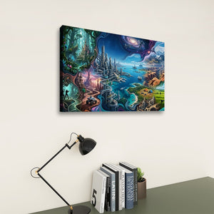 A rectangular wall art print showing a colorful fantasy landscape with glowing towers, water, and swirling cosmic elements, displayed above a desk with a black lamp and books against a light beige wall.