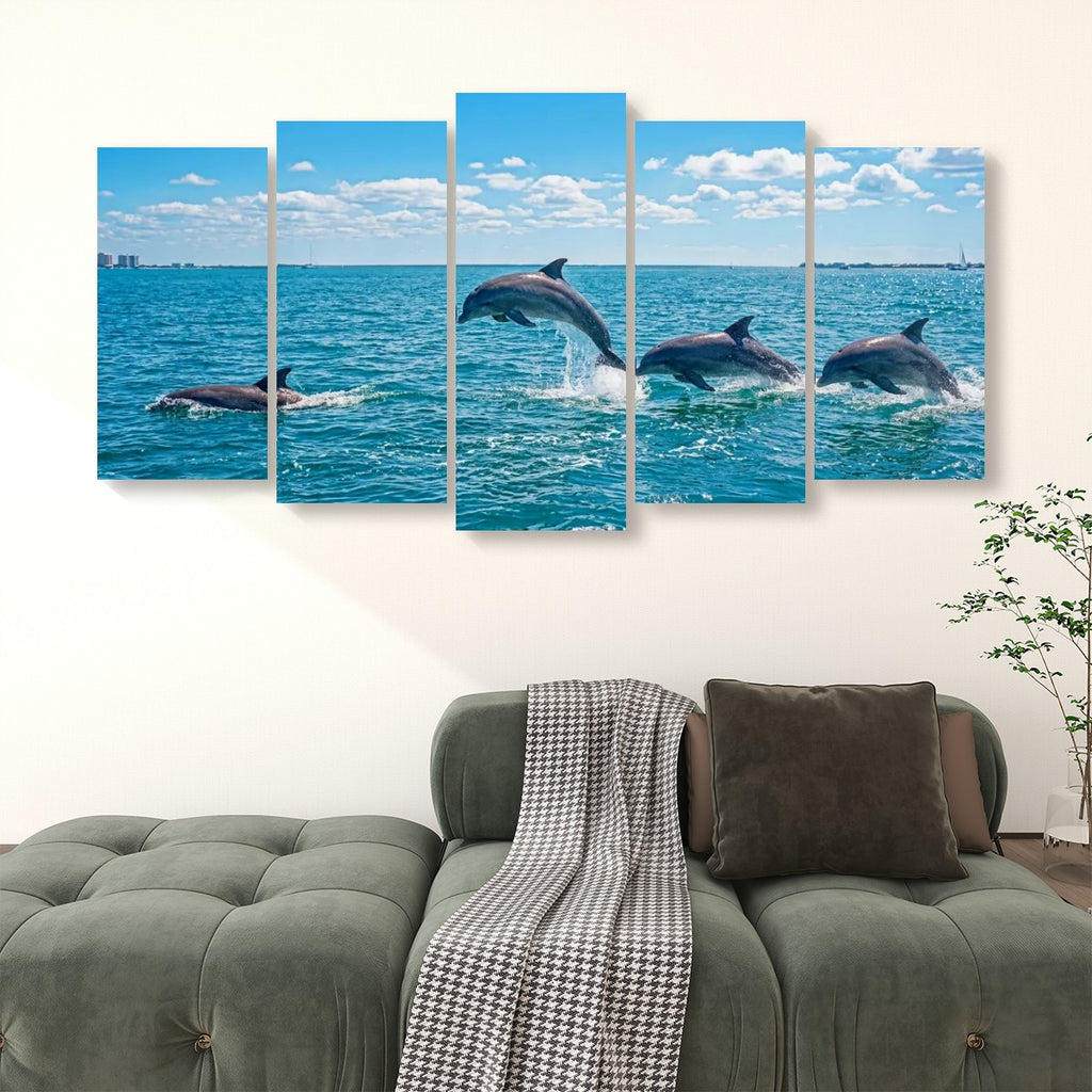 Dolphins Jumping, Breaching, Porpoising in the Gulf of Mexico Canvas Wall Art — Single & Multi-Panel Prints