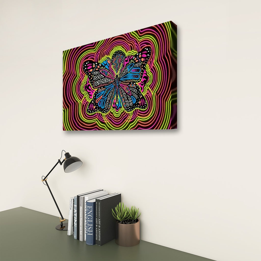 Neon Wings Psychedelic Butterfly Canvas Wall Art – Vibrant Abstract Print | 1, 3 & 5 Panel