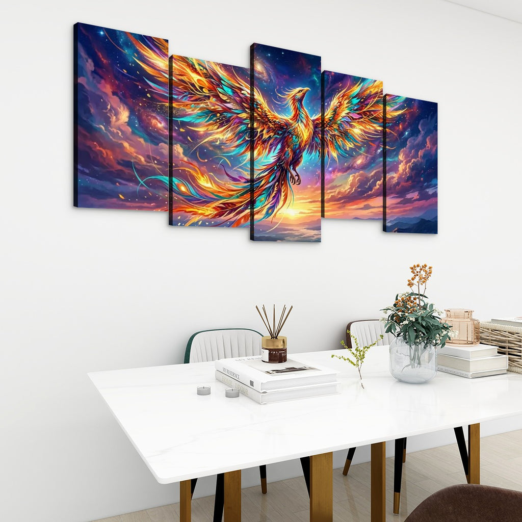 A 4-panel canvas wall art set depicting a vibrant, colorful phoenix rising from a cosmic sunset, displayed on a white wall above a modern dining table with books and a vase.