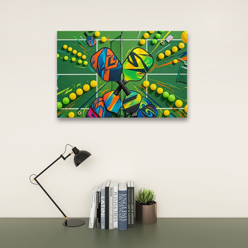 A colorful abstract wall art print featuring two pickleball rackets and many yellow tennis balls on a green background, displayed above a desk with a black lamp, books, and a small potted succulent.