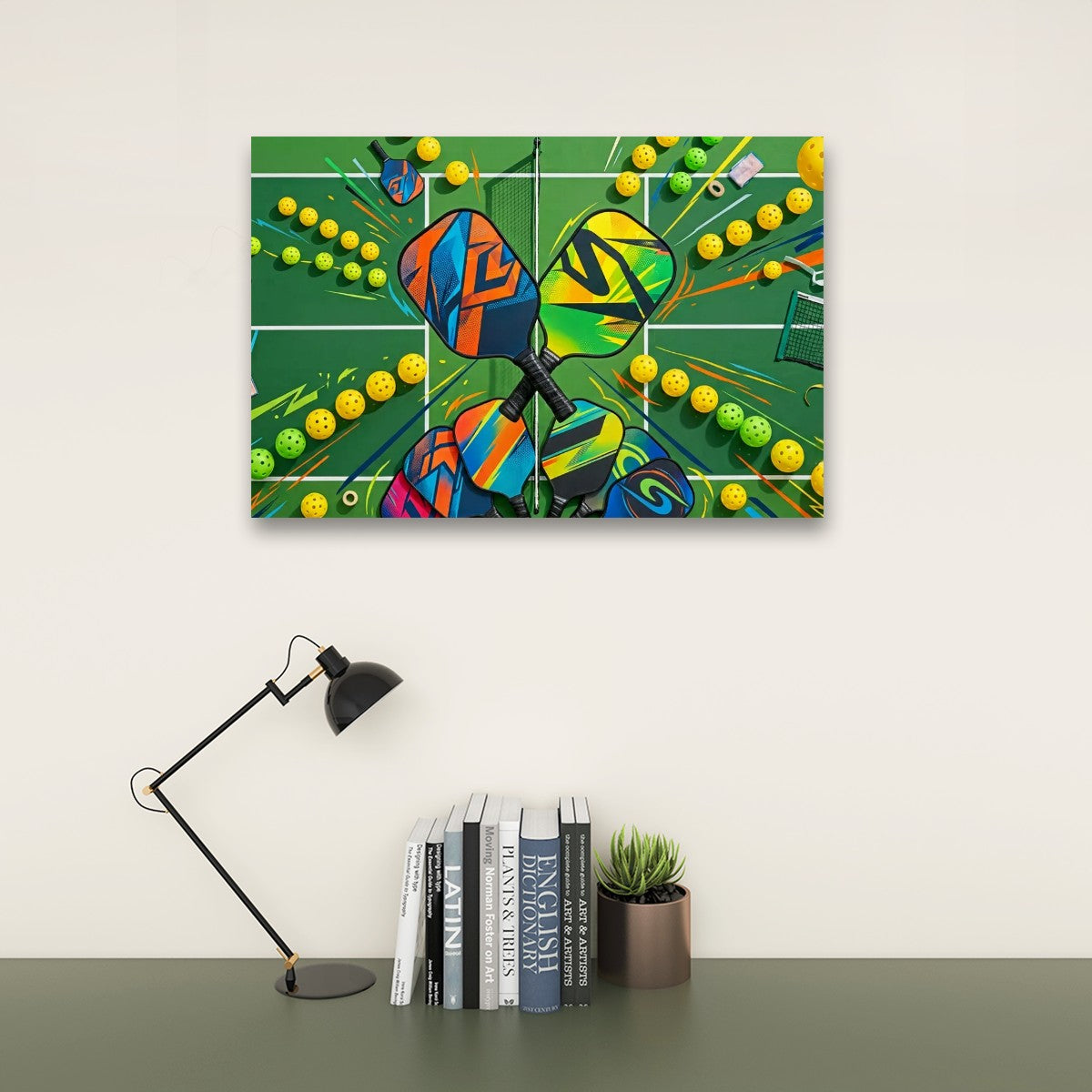 A colorful abstract wall art print featuring two pickleball rackets and many yellow tennis balls on a green background, displayed above a desk with a black lamp, books, and a small potted succulent.