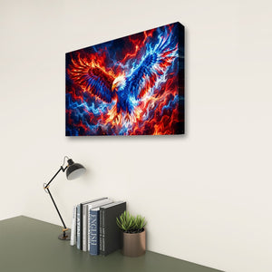 A rectangular wall art print showing a stylized eagle or phoenix in vivid blue, red, and orange tones, displayed on a light wall above a desk with books, a lamp, and a small plant.