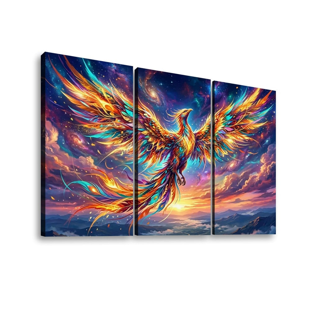 Three-panel canvas wall art showing a glowing phoenix with bright orange, yellow, blue, and purple wings against a cosmic sky and mountain landscape.