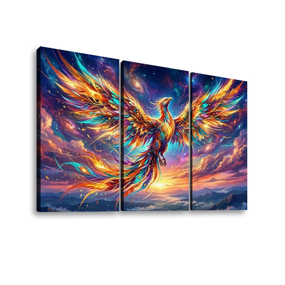 Three-panel canvas wall art showing a glowing phoenix with bright orange, yellow, blue, and purple wings against a cosmic sky and mountain landscape.