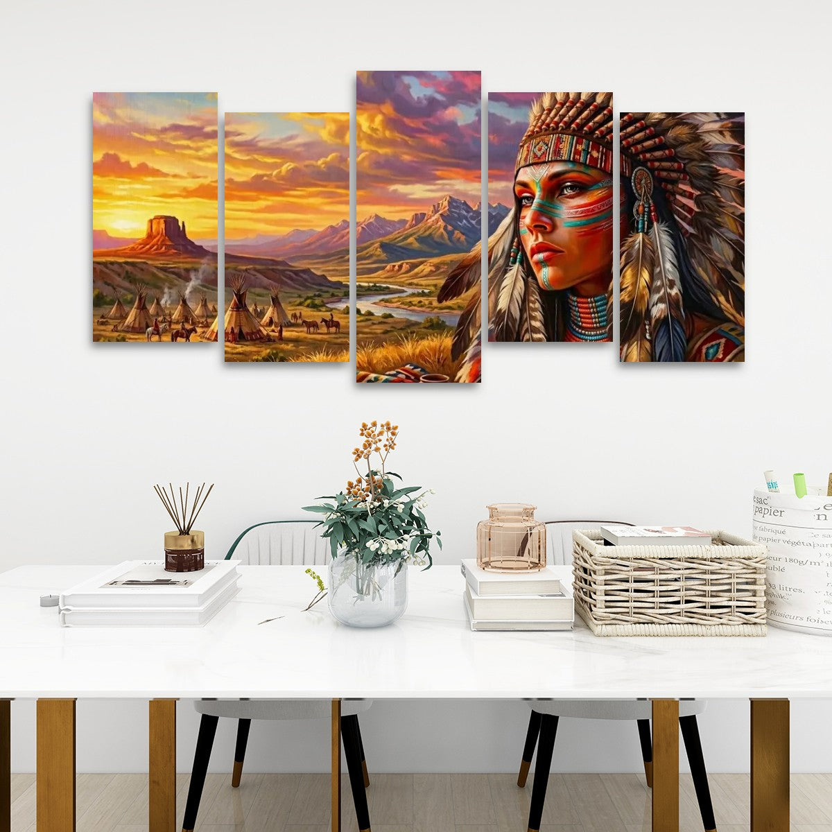 Native American Woman at Sunset | 1, 3, 5 Panel Canvas Wall Art