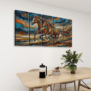 A five-panel canvas wall art set depicting a dramatic, colorful painting of a galloping horse, displayed on a white wall above a light wood dining table with a French press and a potted plant.