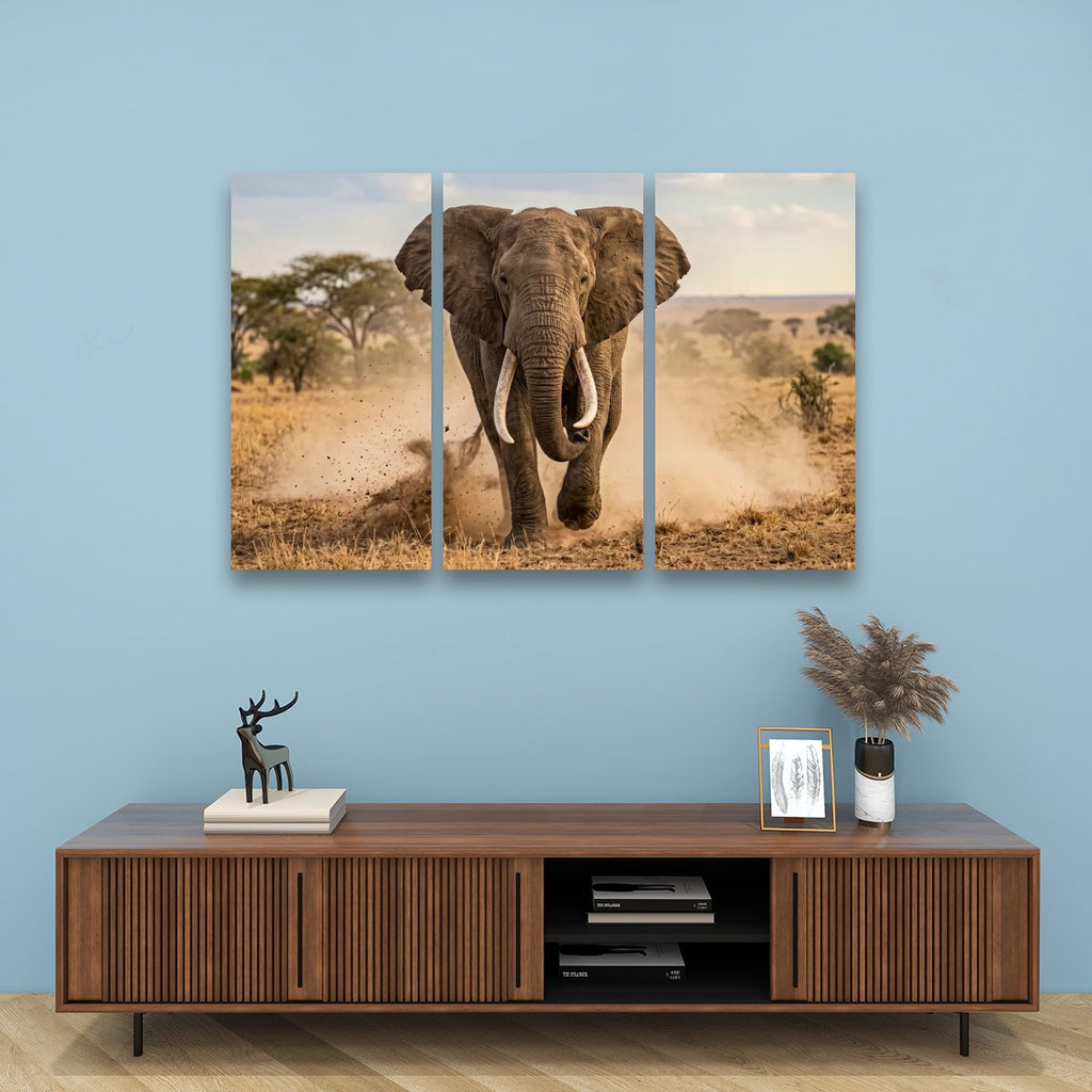 Majestic Elephant Charging Through Savanna 1, 3, 5-Panel Split Canvas Wall Art