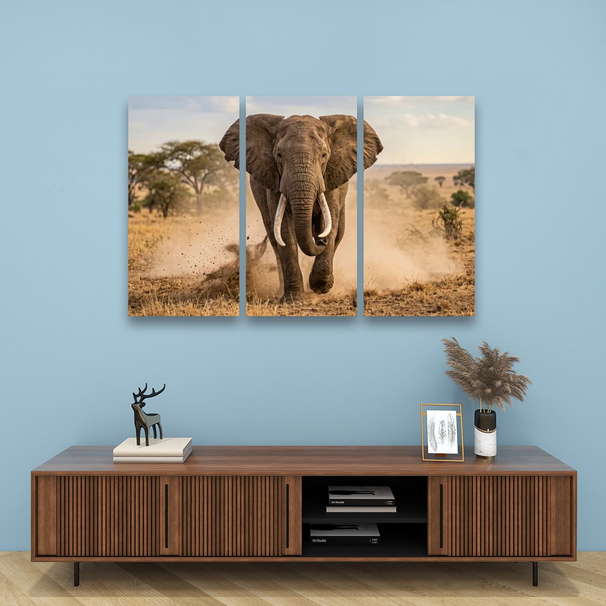 Majestic Elephant Charging Through Savanna 1, 3, 5-Panel Split Canvas Wall Art