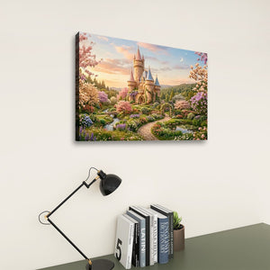 A rectangular canvas wall art print showing a whimsical castle in a colorful garden, displayed on a light wall above a desk with a black lamp and books.