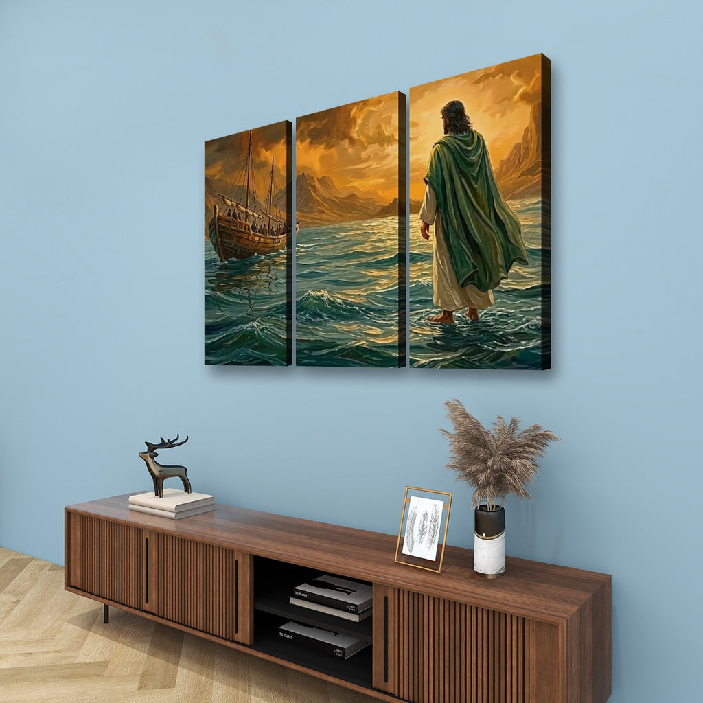 Jesus Walking on Water Stormy Seas Canvas Wall Art | 5-Panel Level & Diamond | 3 & 1 Panel