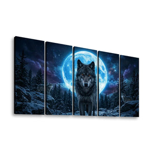 Howling Wolves with Blue Moon — 5-Panel Canvas Wall Art