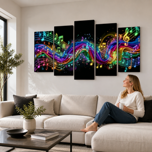 A woman sits on a light beige sectional sofa in a modern living room, looking at a five-panel canvas wall art set depicting vibrant, colorful musical notes and staff lines flowing across a black background.